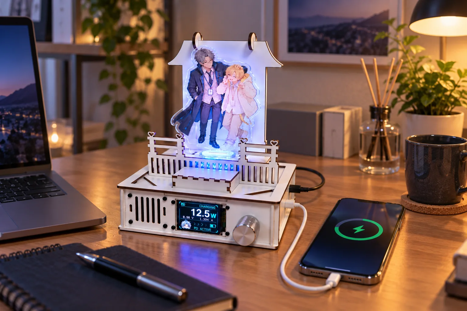 デスクに置いた祭壇型充電器と充電中のスマートフォンのイメージ